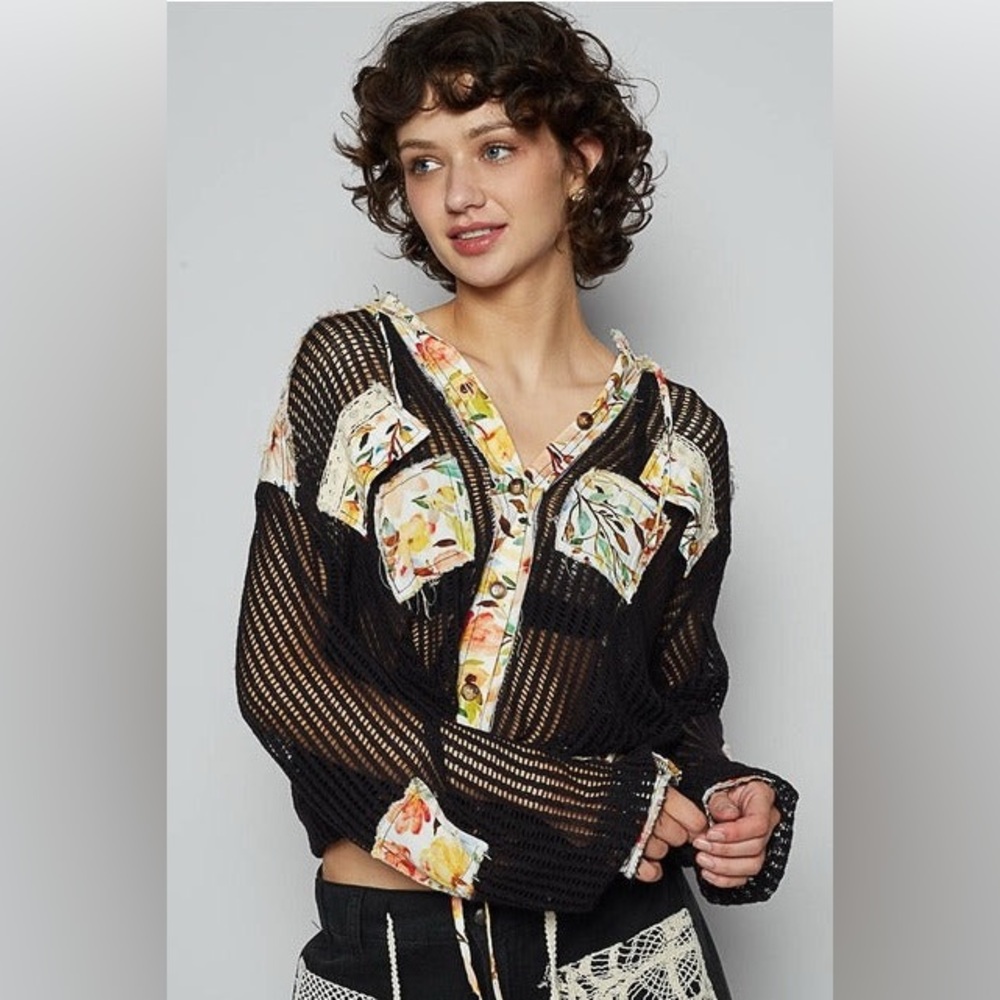 Floral Patch Open Knit Crochet Hoodie Jacket - POL